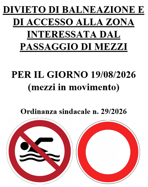 Divieto di balneazione lago artificiale e di accesso alla zona limitrofa interessata dal passaggio di mezzi per il giorno 19/08/2026