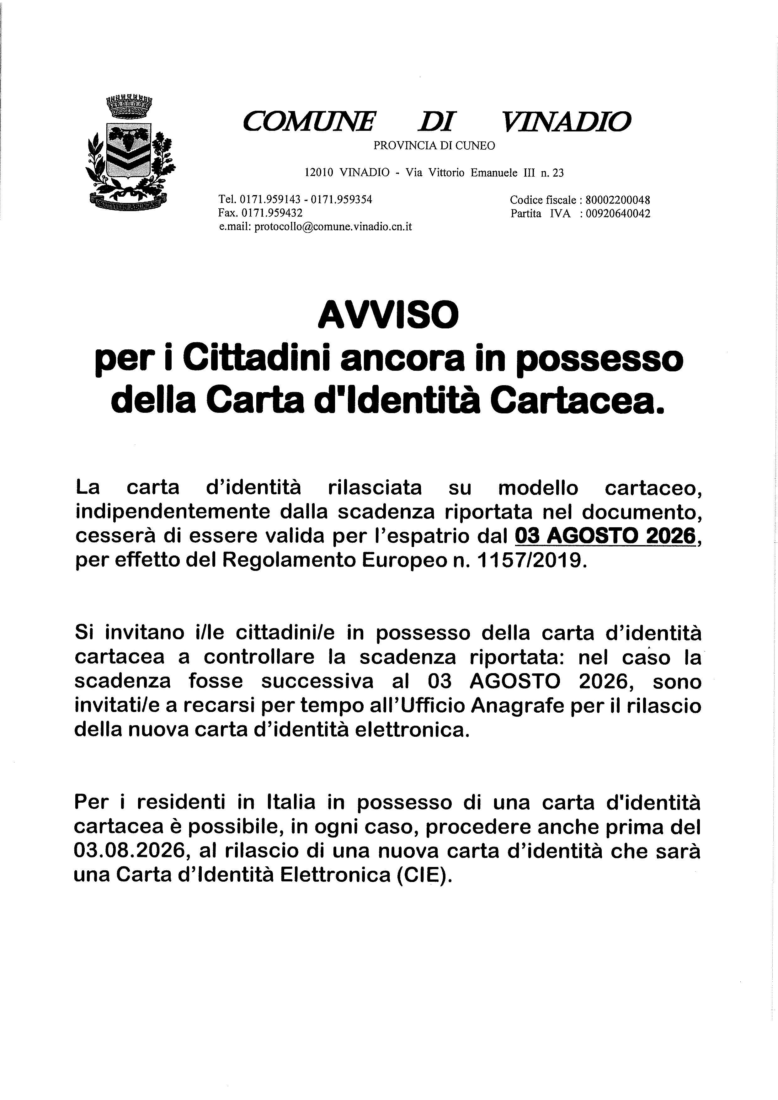 Avviso Carte di Identità